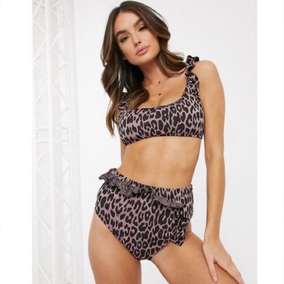 🆕 NWT Juicy Couture Leopard Bikini Swimsuit Bralette Ruffle Tie Back Size Large - Picture 4 of 16